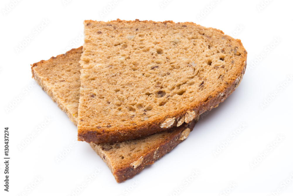 Slices of rye bread isolated on white background.