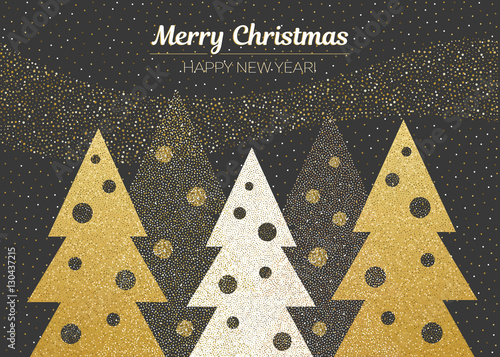 Vector merry Christmas and happy New Year design. Horizontal card with Christmas trees with christmas balls. Black gold and white colors.
