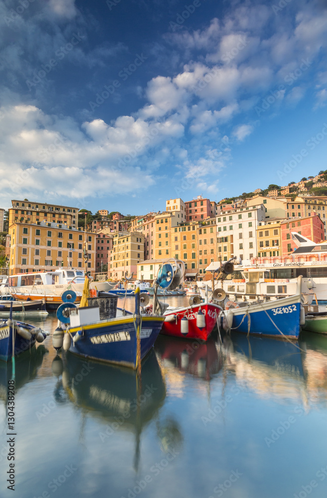 Sunset frames harbour and fishing village Camogli, Gulf of Paradise, Portofino National Park, Genoa province, Liguria Sunset frames harbour and fishing village Camogli, Gulf of Paradise, Portofino National Park, Genoa province, Liguria