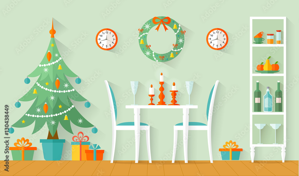 Dining room with festive Christmas dinner. The design of the room for the new year. Vector illustration in flat style.