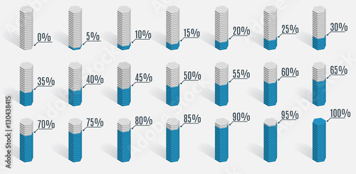 Set of blue percentage charts for infographics, 0 5 10 15 20 25 30 35 40 45 50 55 60 65 70 75 80 85 90 95 100 percent. Vector illustration.