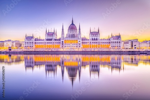 Hungarian Parliament and the Danube river at sunrise in Budapest, Hungary