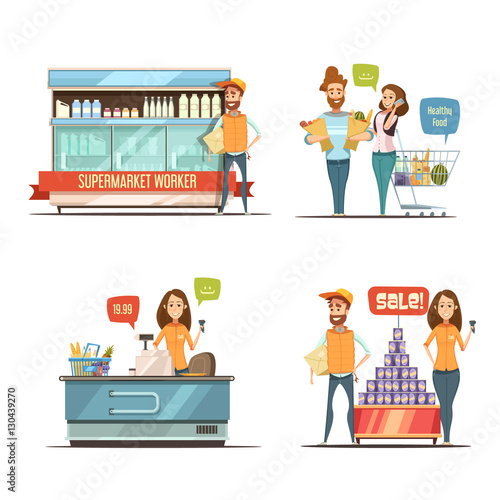 People in Supermarket Cartoon Icons Collection