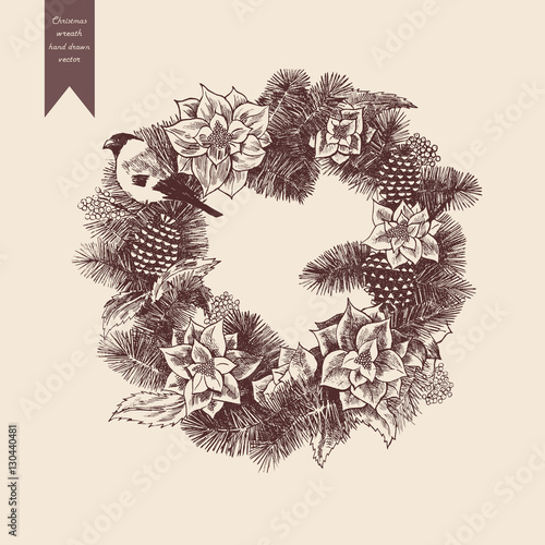 Christmas wreath illustration. Hand drawn vector.