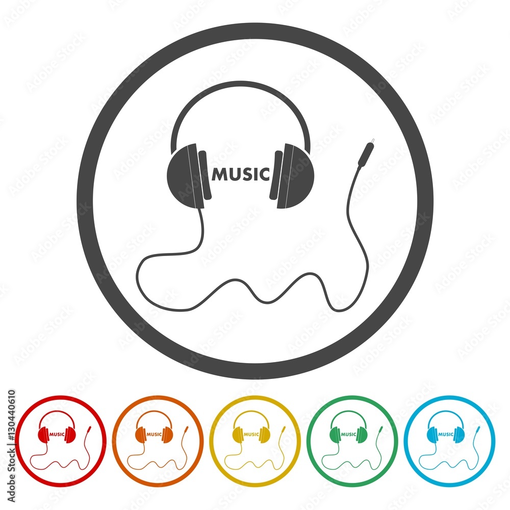 Headphones with cord and word Music icons set Headphones with cord and word Music icons set