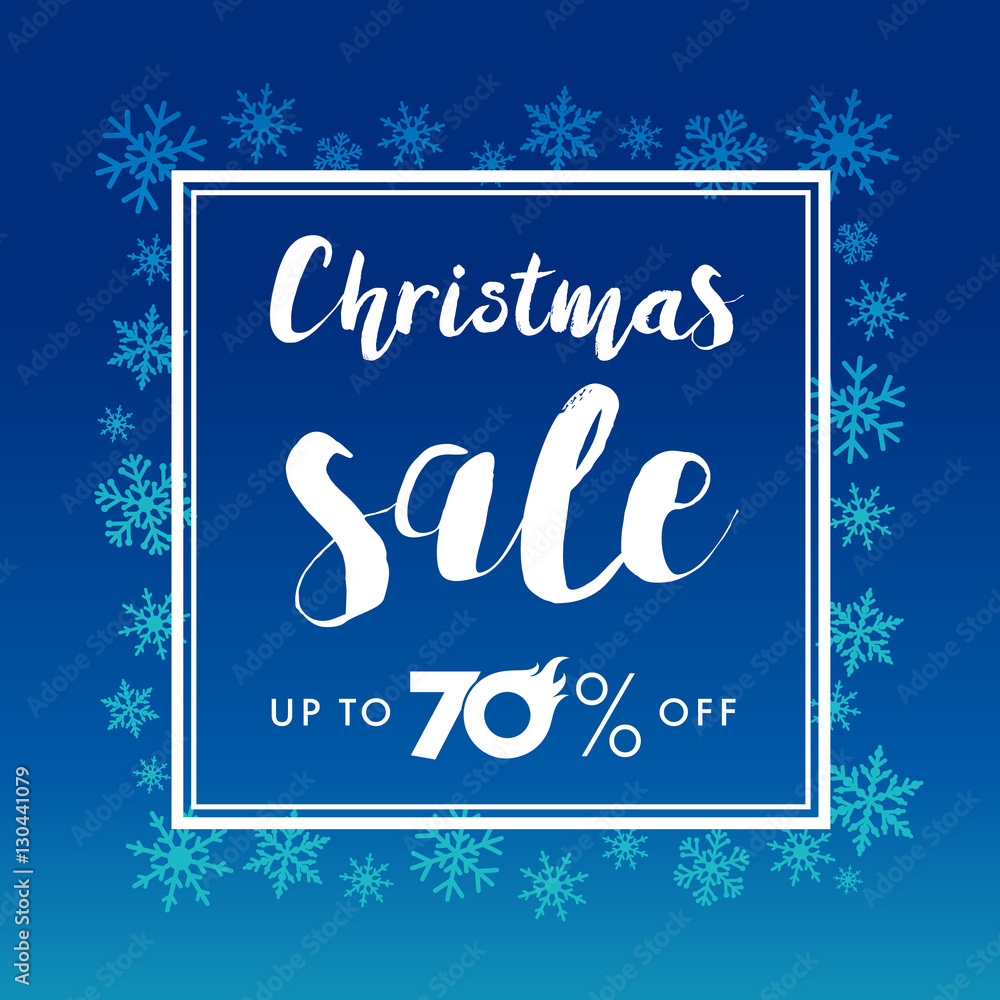 Merry Christmas lettering sale. Elegant Merry Christmas vector lettering sale up to 70% off design with light blue snowflakes in white frame on dark blue background