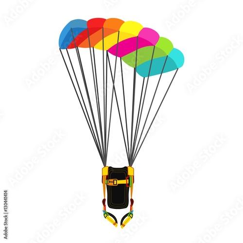 Parachute pack with opened parachute. Skydiving bright extreme sport equipment