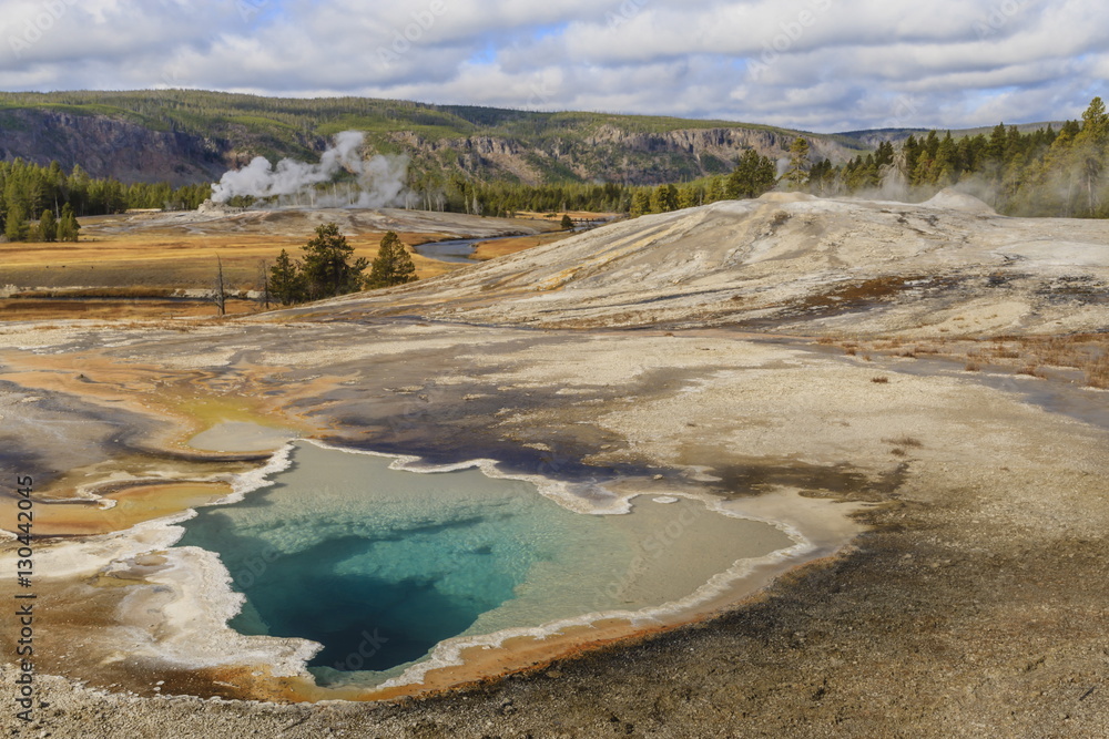 Elevated view of Doublet Pool, Firehole River and Castle Geyser, Upper Geyser Basin, Yellowstone National Park, Wyoming Elevated view of Doublet Pool, Firehole River and Castle Geyser, Upper Geyser Basin, Yellowstone National Park, Wyoming