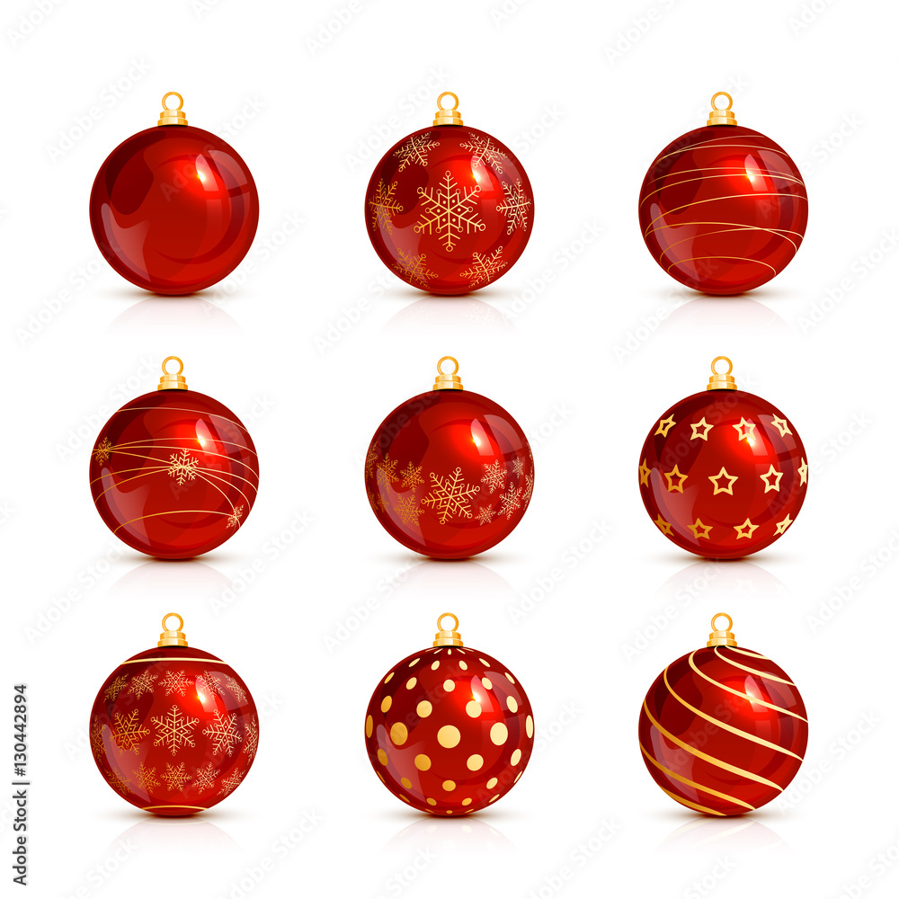Set of red Christmas balls with golden pattern Set of red Christmas balls with golden pattern