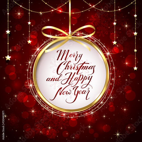 Christmas and New Years greeting on red shiny background