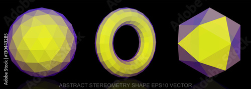 Set of Abstract geometry shape: Yellow Geosphere, Torus, Octahedron. 3D polygonal objects, EPS 10, vector.