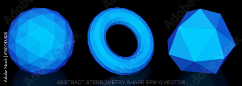 Set of Abstract stereometry shape: Blue Geosphere, Torus, Octahedron. 3D polygonal objects, EPS 10, vector.