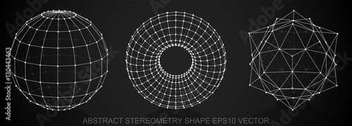 Set of Abstract stereometry shape: sketched Sphere, Torus, Octahedron. Hand drawn 3D polygonal objects. EPS 10, vector.