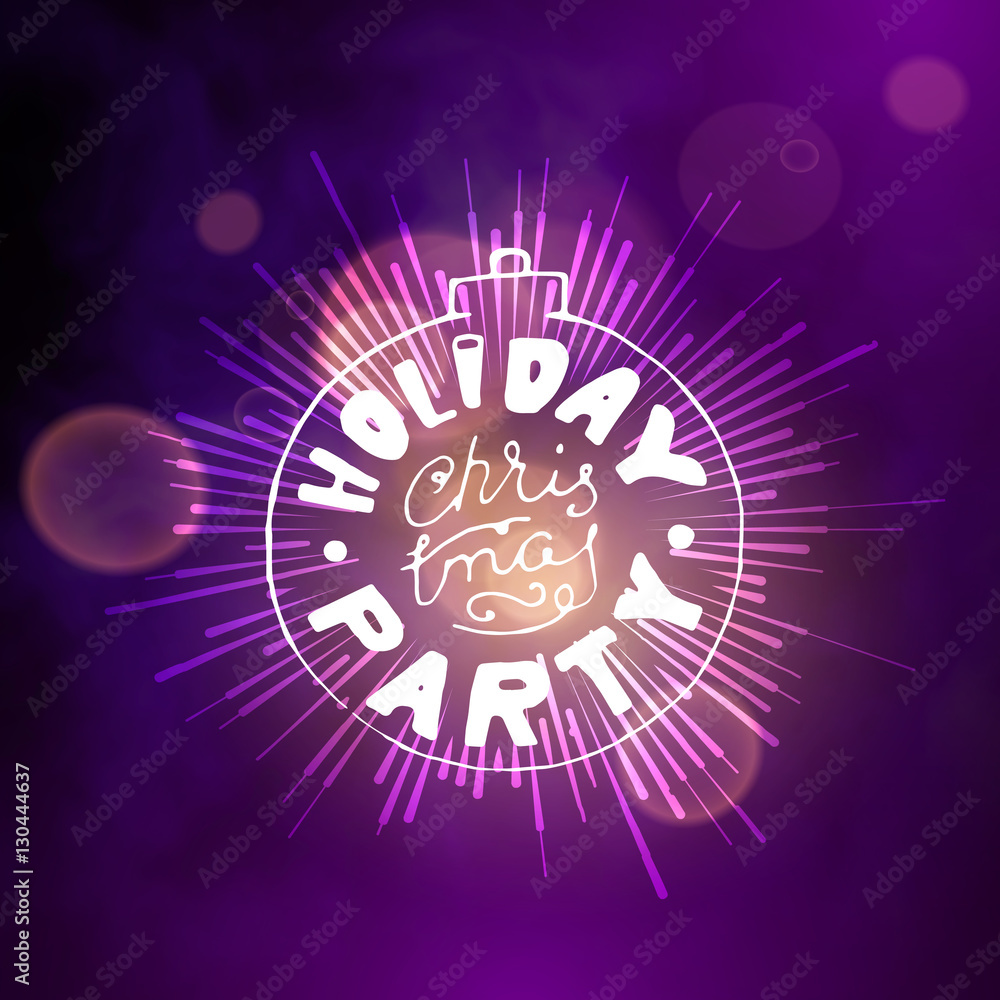 Fototapeta premium Show background. Merry Christmas Holiday Party Brush Script Style Hand lettering. Smoky vector stage interior shining with light from a projector
