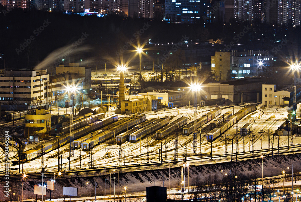 The depot for passenger trains. Night winter view