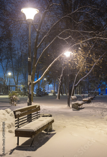 Winter night landscape- bench under winter trees and shining street lights under winter falling snowflakes. Colorful night scene with falling snow in the deserted night park