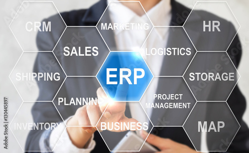 Canvastavla Businesswoman presses erp hexagon button on virtual screen
