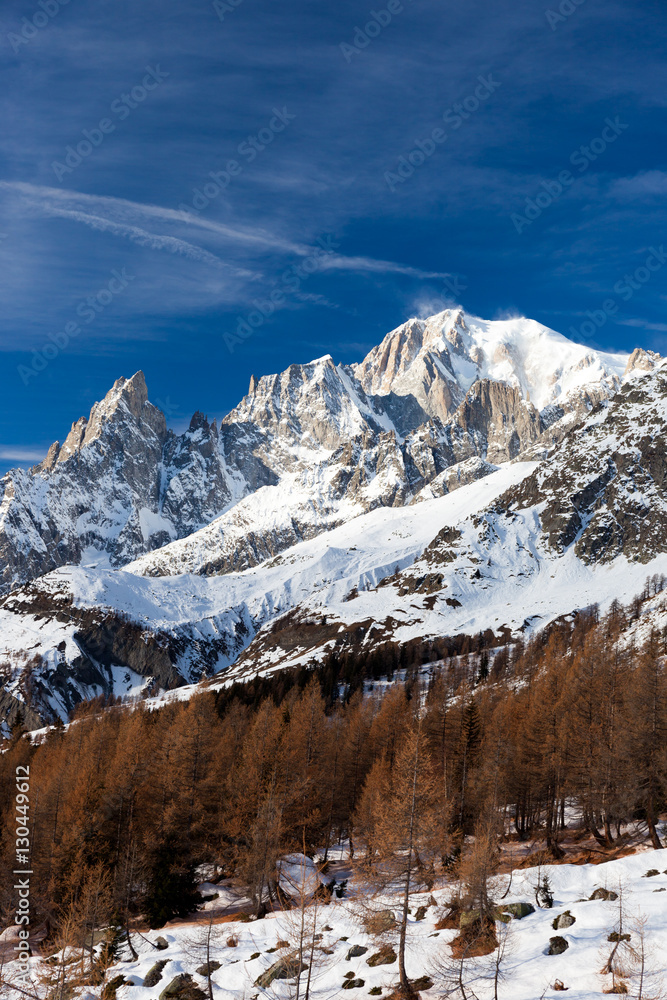 The south face of Mont Blanc, the highest mountain in continental Europe.Winter season. Italian Alps, Europe.
