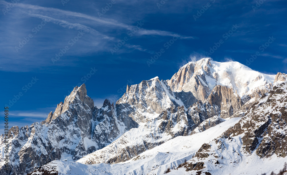 The south face of Mont Blanc, the highest mountain in continental Europe.Winter season. Italian Alps, Europe.