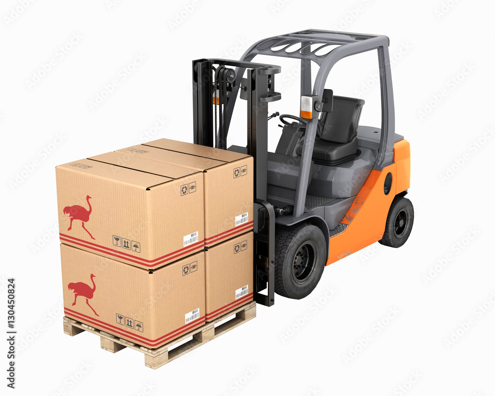 Forklift truck with boxes on pallet without shadow 3d Forklift truck with boxes on pallet without shadow 3d