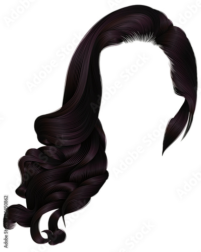 
woman trendy long curly brunette hairs wig dark brown colors .
 retro style . beauty fashion . realistic 3d .
