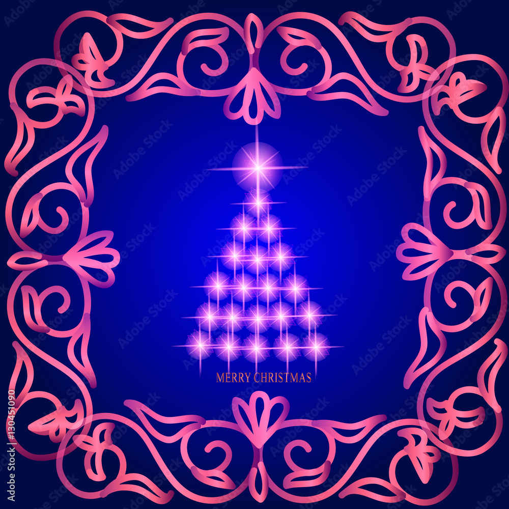 Abstract waves background with christmas tree. Illustration in blue and pink colors.