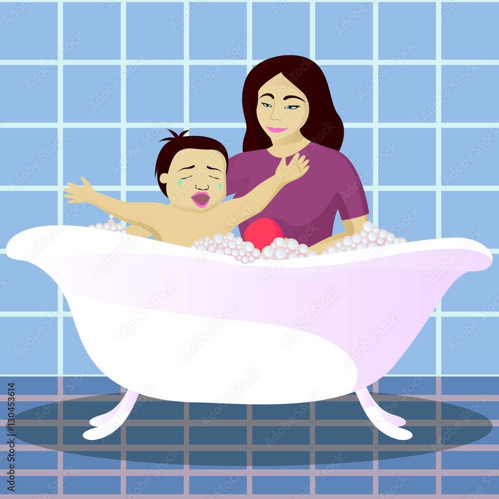 Naklejka premium Mother washes crying child in bathroom