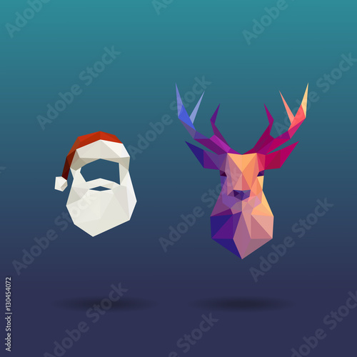 Low poly Santa and reindeer. Flat design vector illustration.