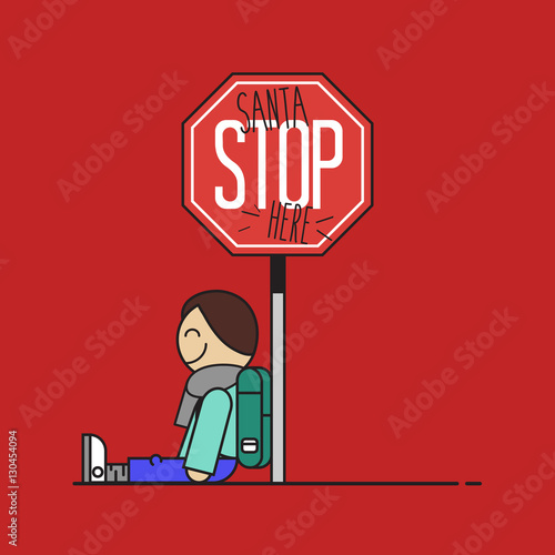 Santa stop here sign made by a child. Flat design vector illustration.