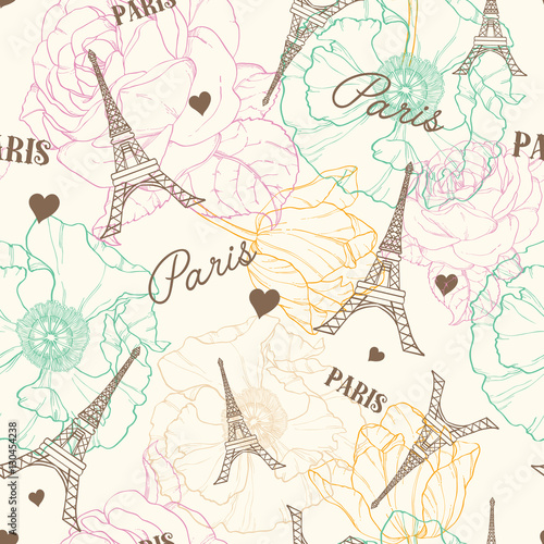 Vector Eifel Tower Paris Seamless Pattern In Vintage Style With Beautiful, Romantic Pastel Flowers. Perfect for travel themed postcards, greeting cards, wedding invitations. Repeat design.