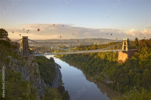 Clifton Suspension Bridge with hot air balloons in the Bristol Balloon Fiesta in August, Clifton, Bristol