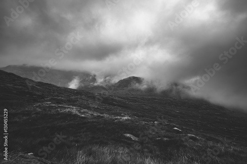 Cloud Capped Snowdonian Hills, Moody Black and White Mountainous Landscape