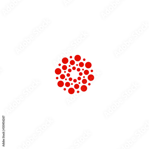 Abstract circle logotype. Unusual dotted round isolated chem logo. Virus icon. Red sun. Flower symbol. Spiral sign.Vector illustration.