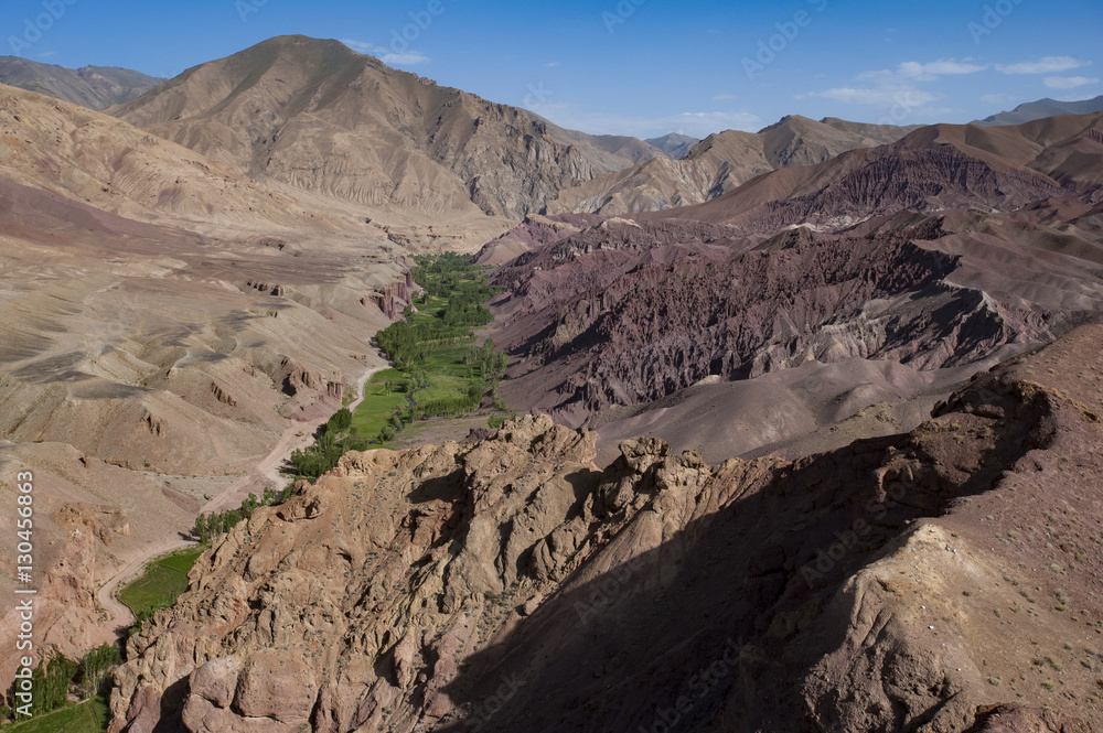 Rugged landscapes and green patchwork fields near Shahr-e Zohak, Afghanistan Rugged landscapes and green patchwork fields near Shahr-e Zohak, Afghanistan