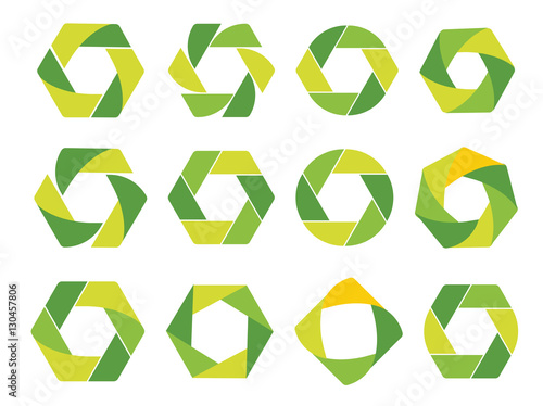 Isolated abstract green hexagon and round logo. Geometric eco logotypes set on white bacground. Organic products icon. Natural elements sign. Vector circulation illustration.