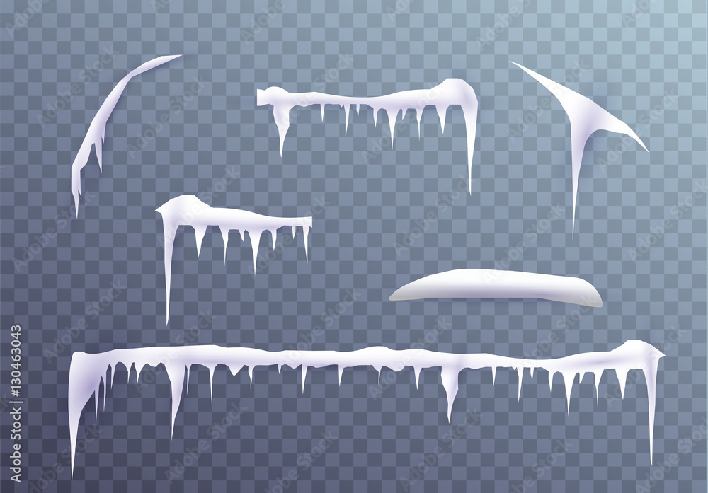 Set of snow icicles isolated on transparent background. Vector illustration - obrazy, fototapety, plakaty 