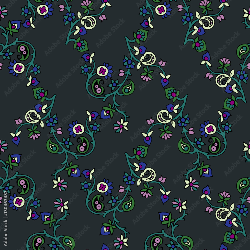 Kaleidoscope abstract geometric seamless paisley pattern. Traditional oriental ornament with blossom branches, on a gray background. Textile design.