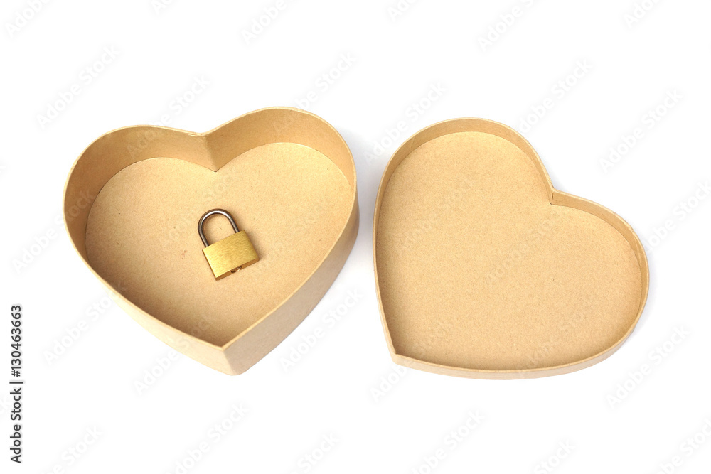 Heart shape paper box with a padlock isolated / Lock you love concept Heart shape paper box with a padlock isolated / Lock you love concept