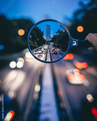 Magnifying glass with Boston cityscape