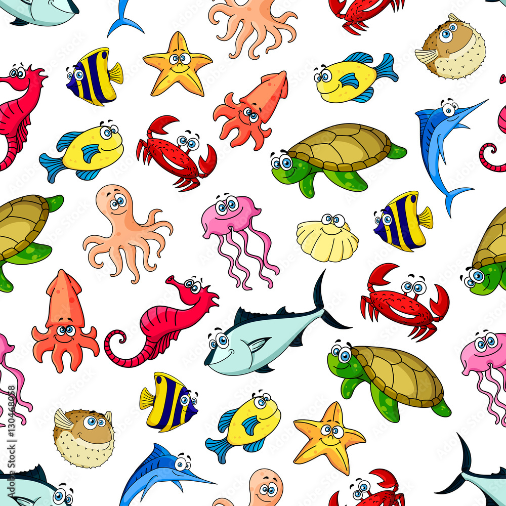 Fototapeta premium Sea, ocean animals, fish seamless cartoon pattern