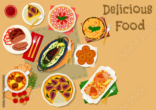 Tatar cuisine dinner with desserts icon