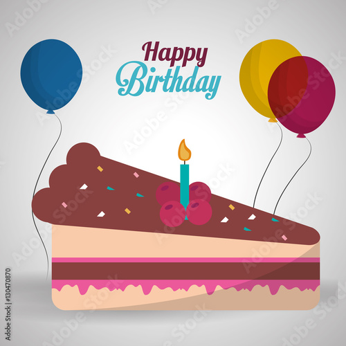 happy birthday cake cherry candle balloons with shadow vector illustration eps 10