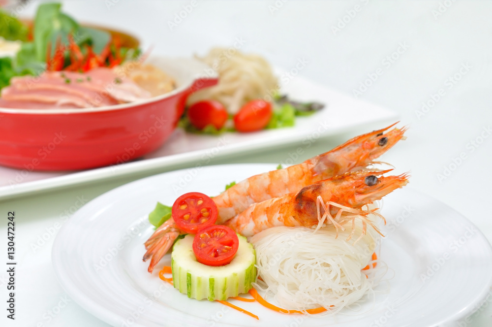 Boiled shrimps with thin rice noodles and vegetables Boiled shrimps with thin rice noodles and vegetables