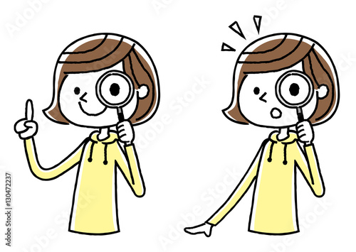 女の子：調べる、虫眼鏡、発見
