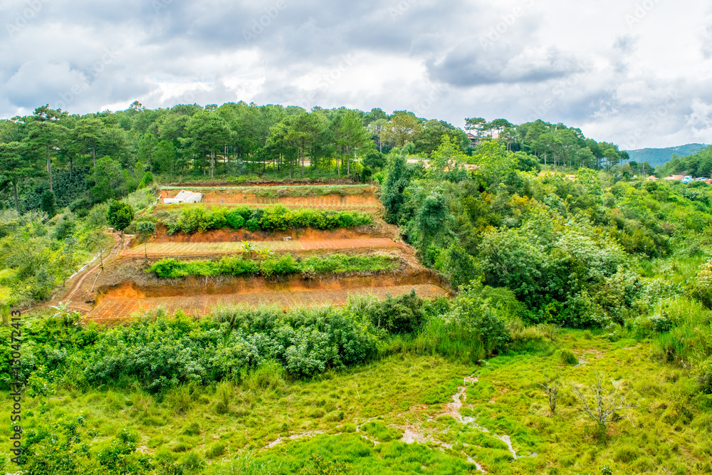 Cascade fields plowed for sowing at tropic mountains in Vietnam
