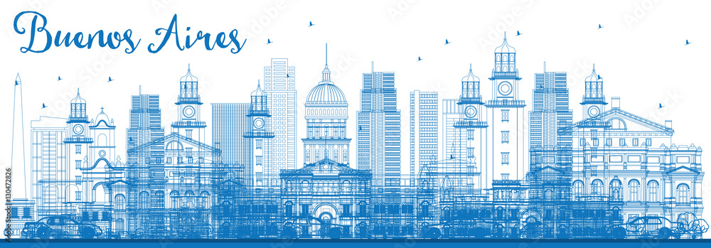Outline Buenos Aires Skyline with Blue Landmarks.