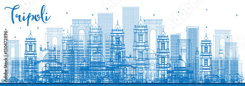 Outline Tripoli Skyline with Blue Buildings.