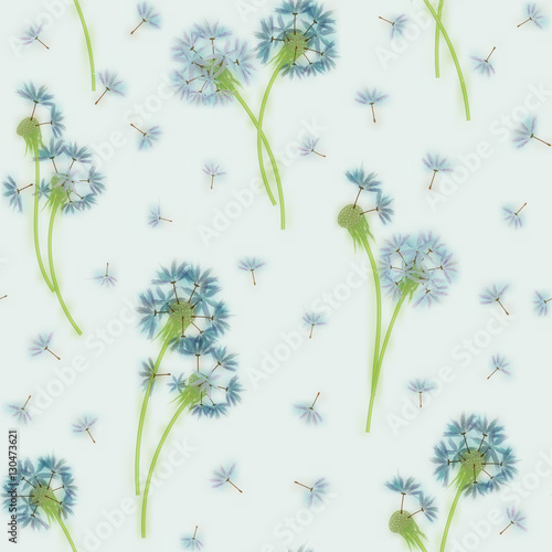 Watercolor imitation, hand drawn seamless pattern with spring tender flowers - dandelions and seeds on the white background
