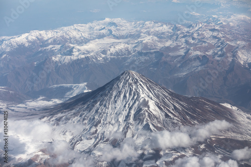 big mountain with snow and clouds around it