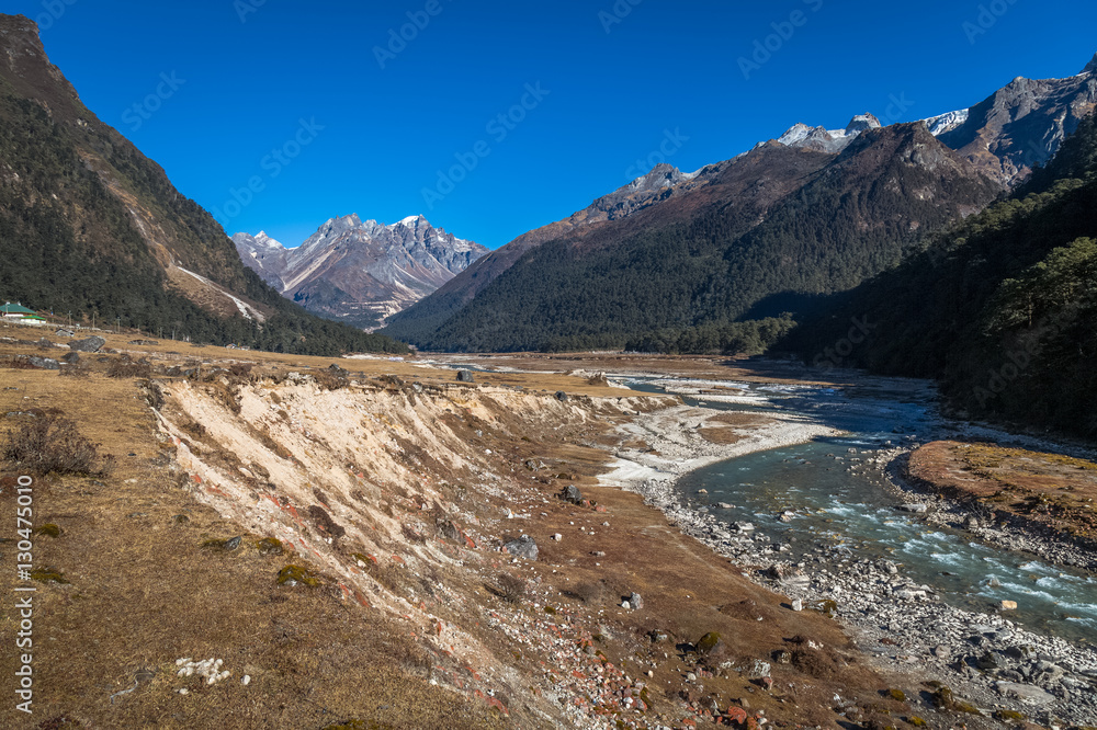 Mountain river valley Yumthang Sikkim India. The starting point of the Teesta river.